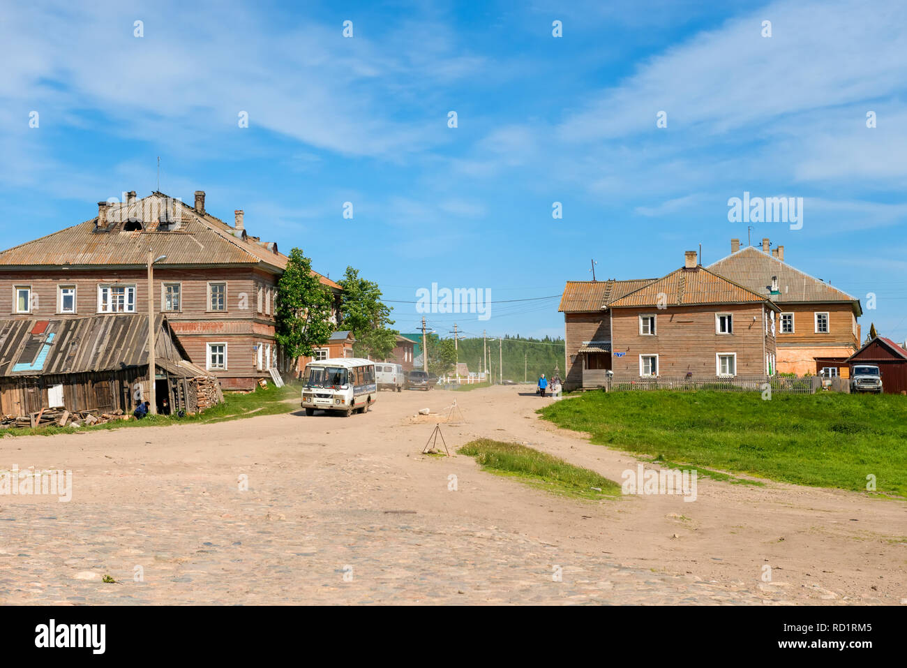 SOLOVKI, REPUBLIC OF KARELIA, RUSSIA - JUNE 27, 2018:View of Ivan Sivko Street, Solovetsky Village. Russia, Arkhangelsk region, Primorsky district, So Stock Photo