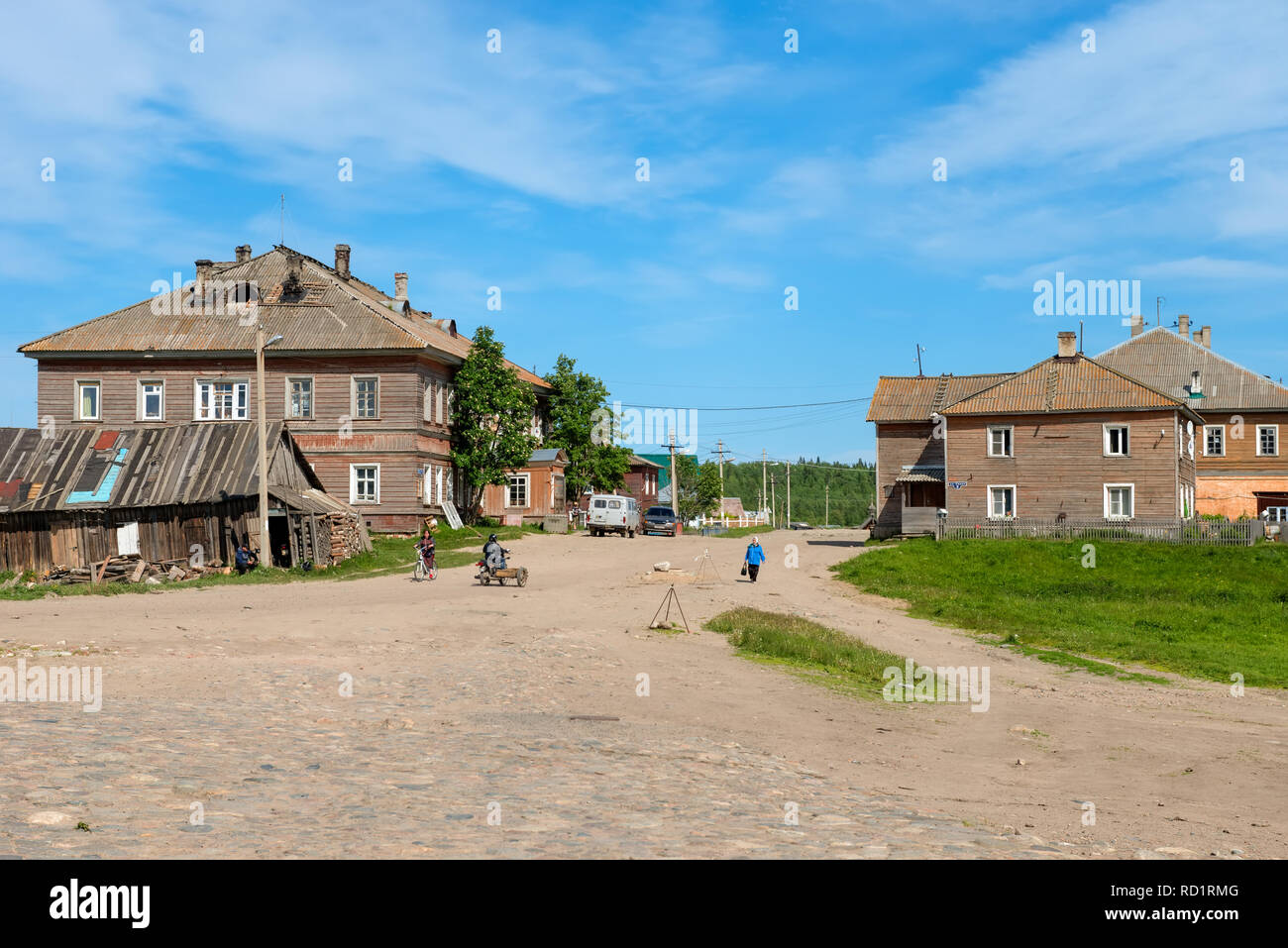 SOLOVKI, REPUBLIC OF KARELIA, RUSSIA - JUNE 27, 2018:View of Ivan Sivko Street, Solovetsky Village. Russia, Arkhangelsk region, Primorsky district, So Stock Photo