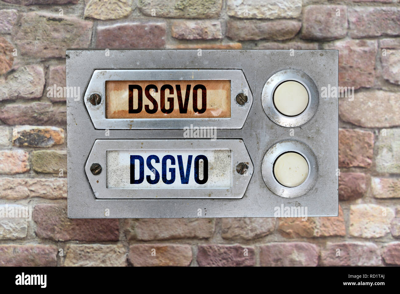 Bell sign with label DSGVO, Klingelschild mit Aufschrift DSGVO Stock Photo