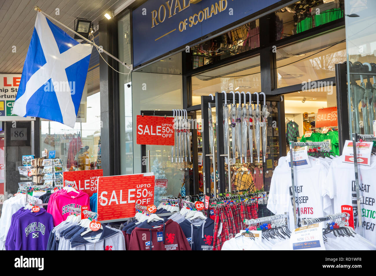 Souvenir shop selling all things Scottish on the Royal Mile in Edinburgh city centre,Scotland,United Kingdom Stock Photo