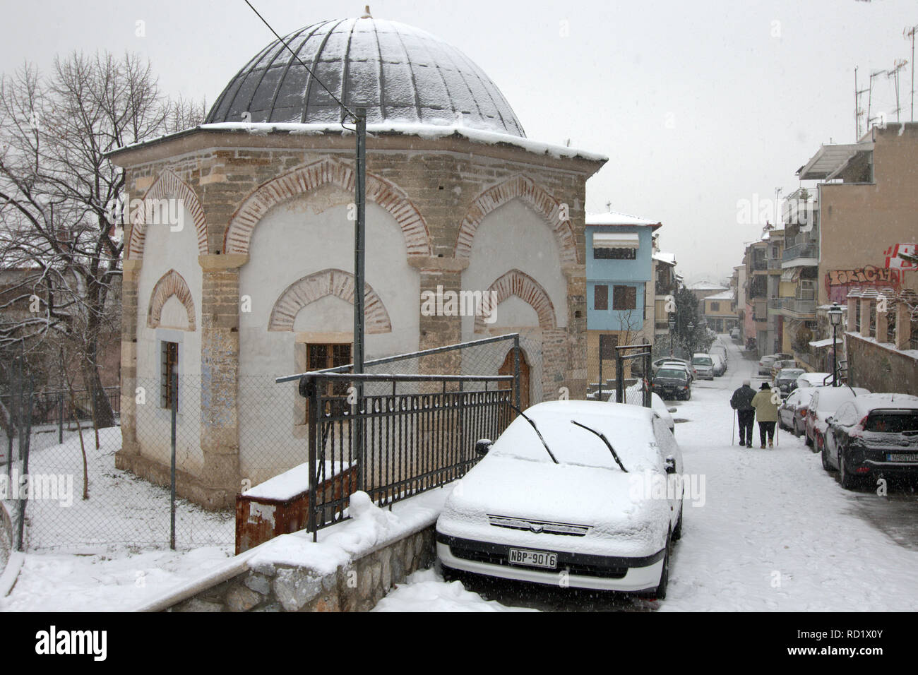 The tourbe of Musa Baba under snow in Ano Poli, the picturesque upper town of the city of Thessaloniki, Greece. Stock Photo