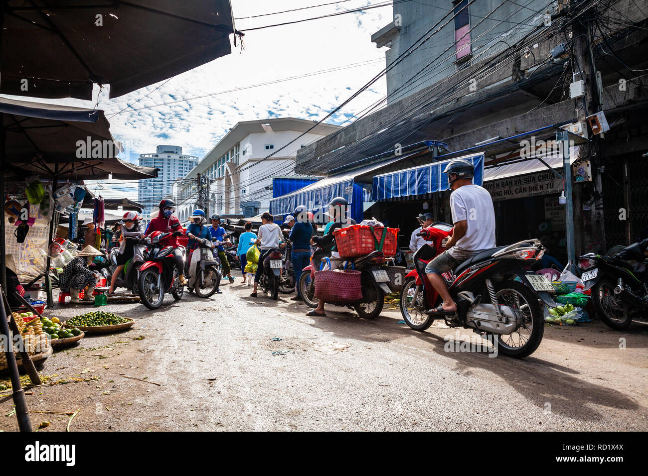 NHA TRANG, VIETNAM - SEPTEMBER 12: Typical morning traffic jam at the Cho Dam market in Nha Trang on September 12, 2018 in Nha Trang, Vietnam. Stock Photo