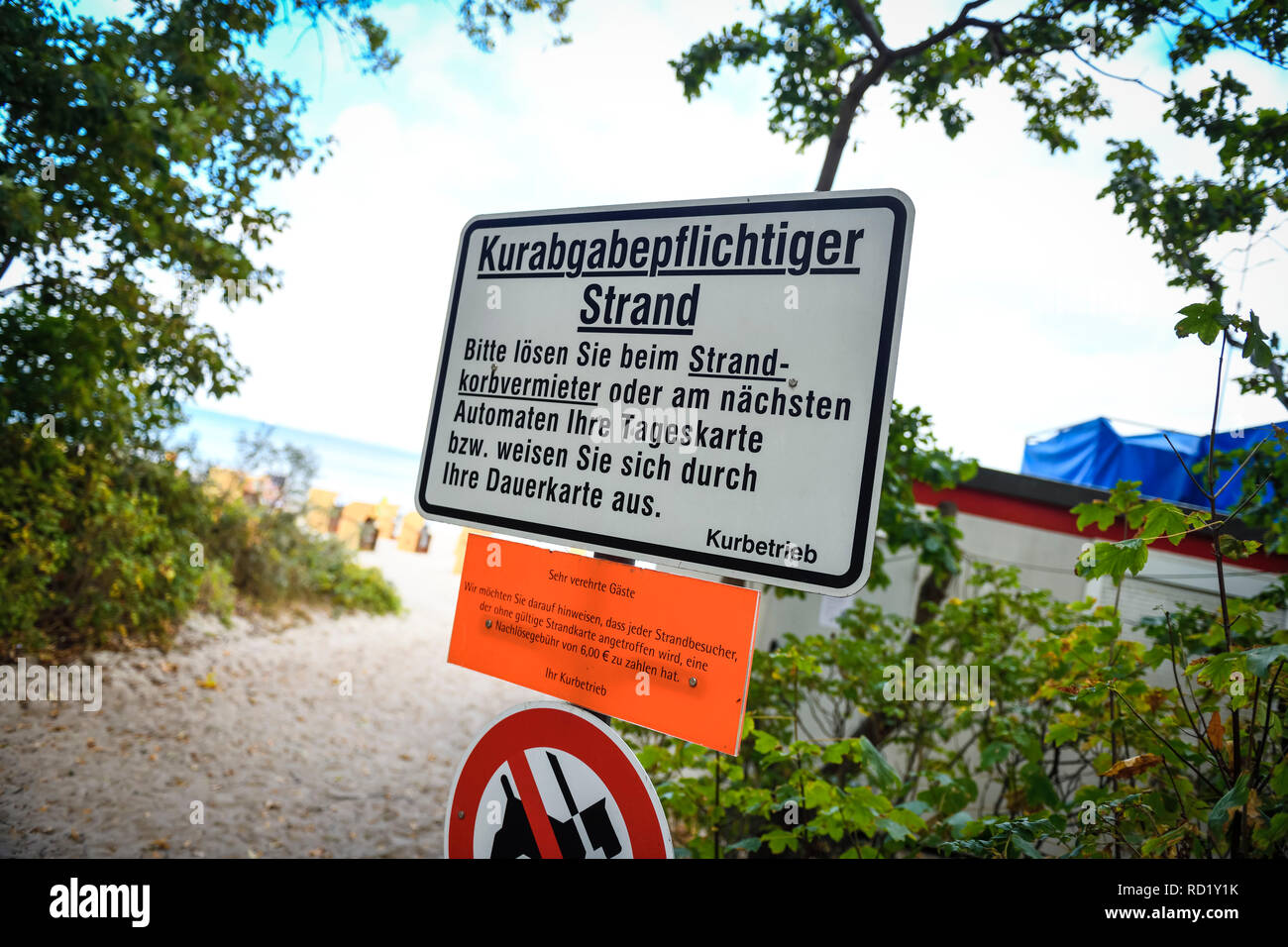 Health resort-taxable beach, sign on the Baltic Sea in Timmendorfer beach, Schleswig - Holstein, Germany, Europe, Kurabgabepflichtiger Strand, Schild  Stock Photo