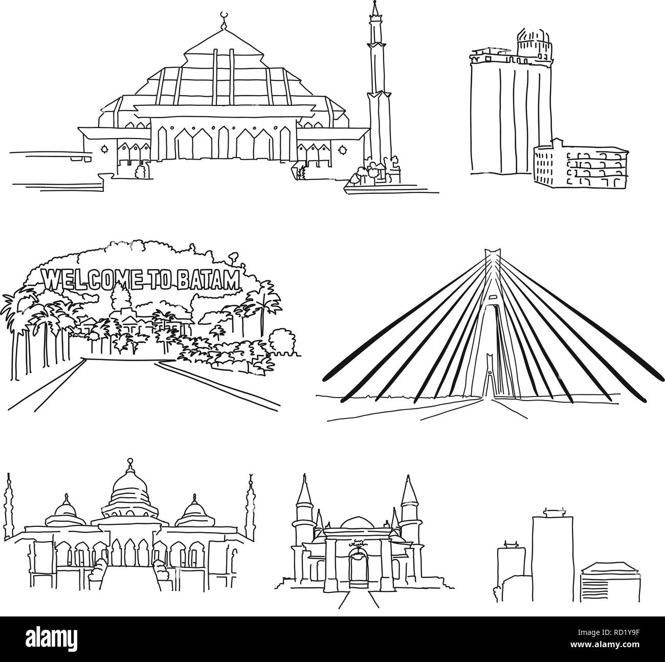 Batam famous architecture outlines. Hand-drawn vector illustration. Famous travel destinations series. Stock Vector