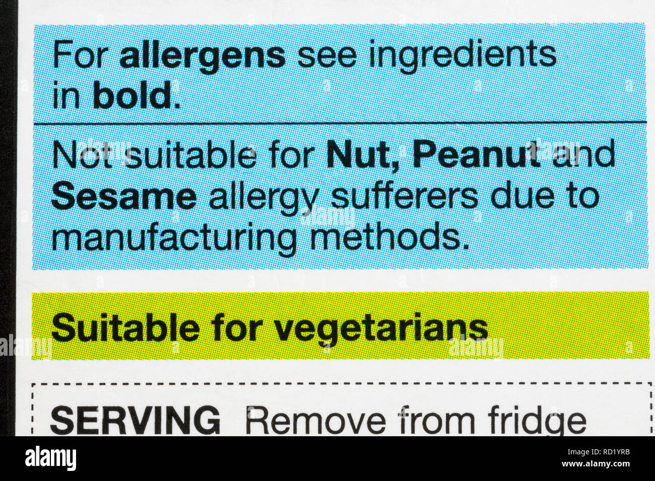 Allergens information on food packaging suitable for vegetarians Stock Photo