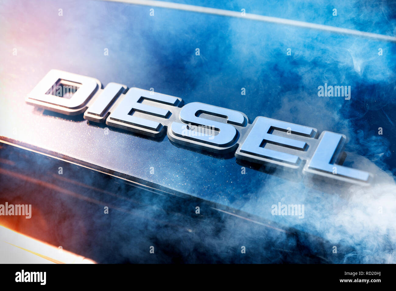 Diesel signs on a car in exhaust gas, symbolic photo diesel scandal, Dieselzeichen auf einem Auto in Autoabgasen, Symbolfoto Dieselskandal Stock Photo