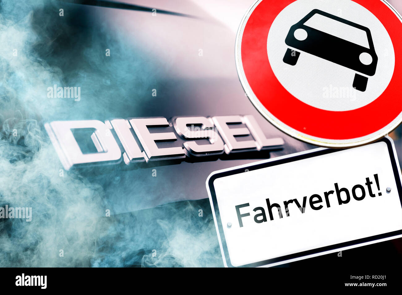 Diesel signs on a car and no parking sign, symbolic photo diesel scandal,  Dieselzeichen auf einem Auto und Verbotsschild, Symbolfoto Dieselskandal  Stock Photo - Alamy