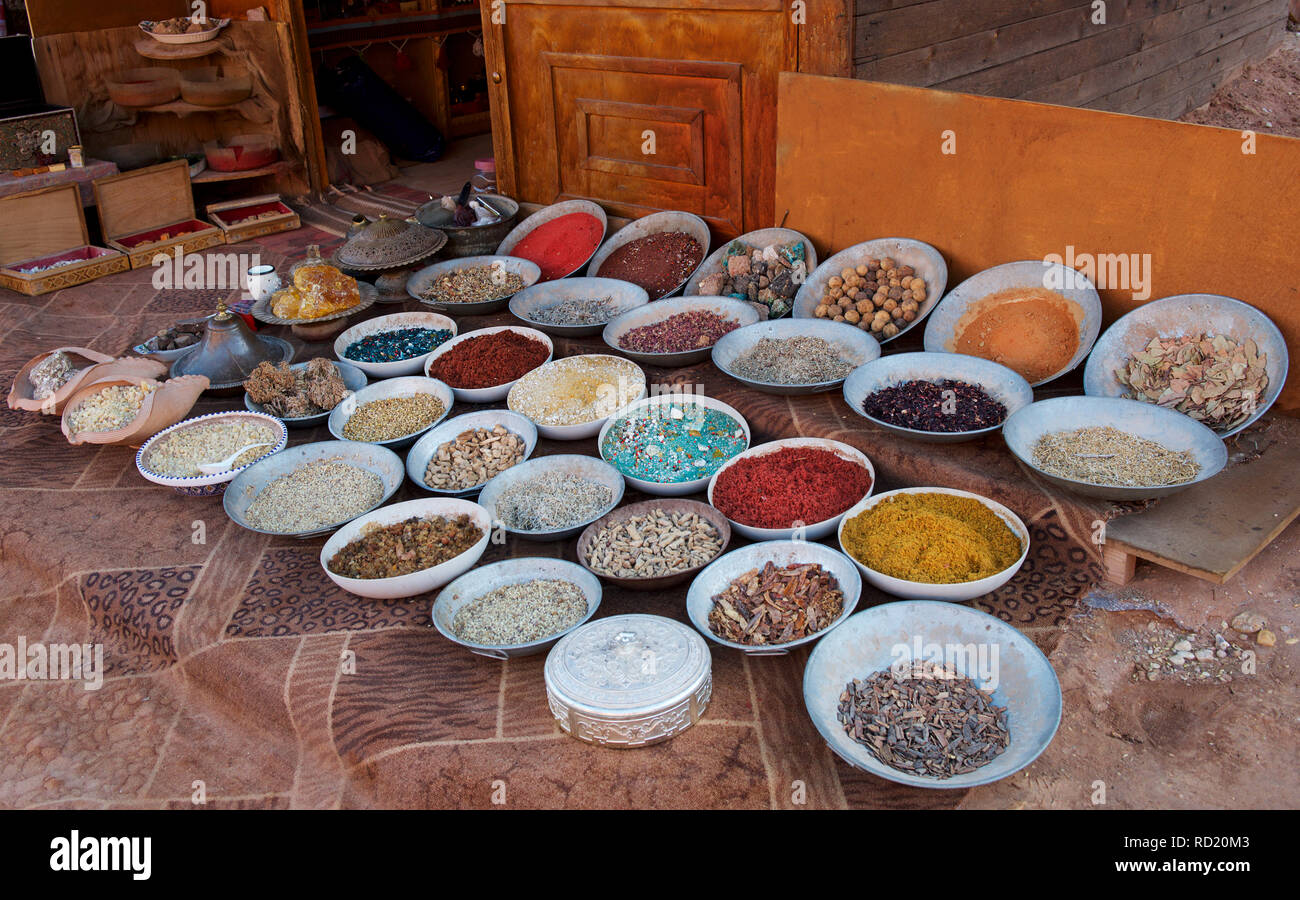 Frankincense, incense, stones, aromatic herbs and spices for sale in street market, Petra Jordan Stock Photo