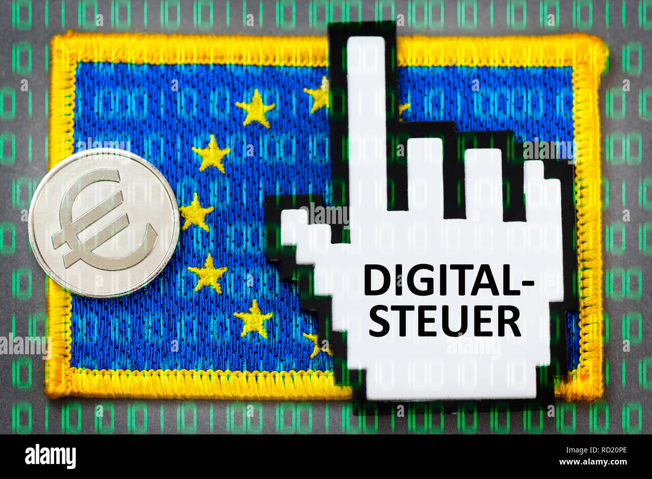 EU flag with cursor and eurocoin, EU-digital tax, EU-Fahne mit Cursor und Euromünze, EU-Digitalsteuer Stock Photo