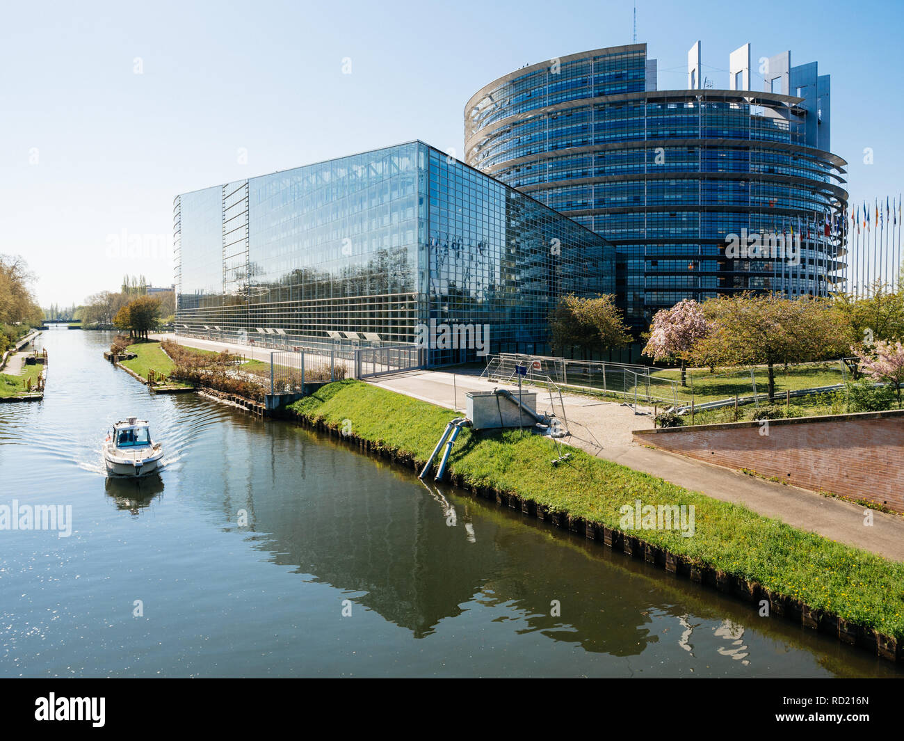 STRASBOURG, FRANCE - APR 17, 2018: Aerial view of National Gendarmerie boat  near European Parliament building during Emmanuel Macron, visit in a bid to  shore up support for his ambitious plans for