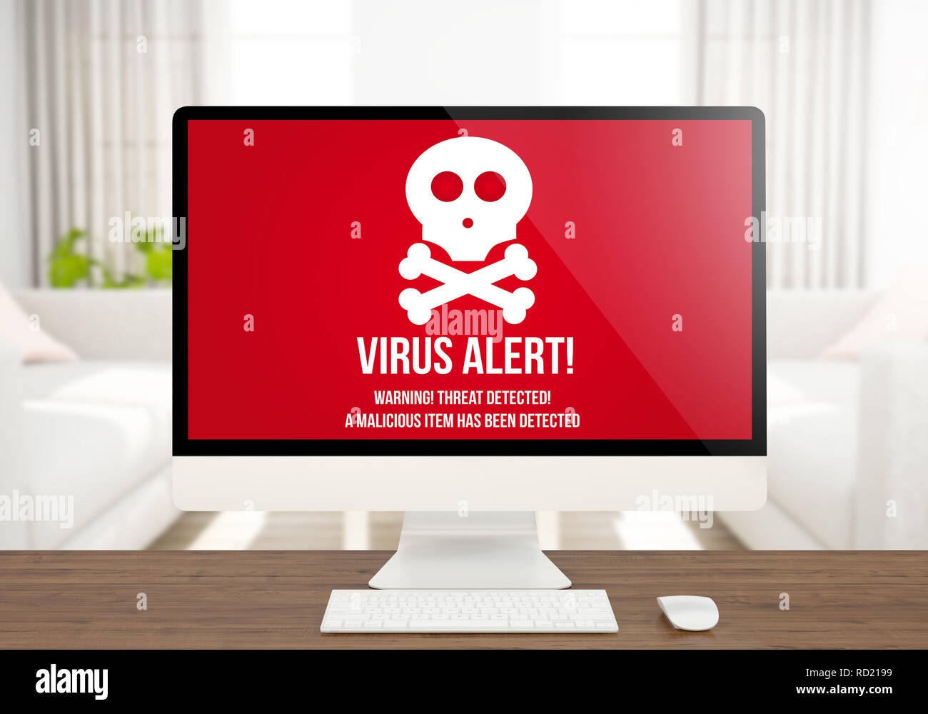 3d rendering virus alert screen computer on desktop Stock Photo