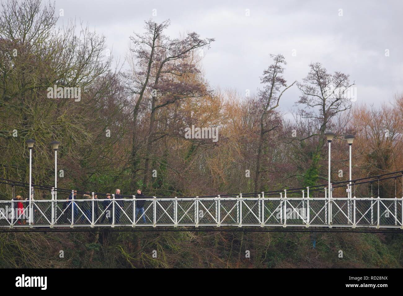 Trews Weir Suspension Bridge over the River Exe on a Grey Winters Day. Exeter, Devon, UK. Stock Photo