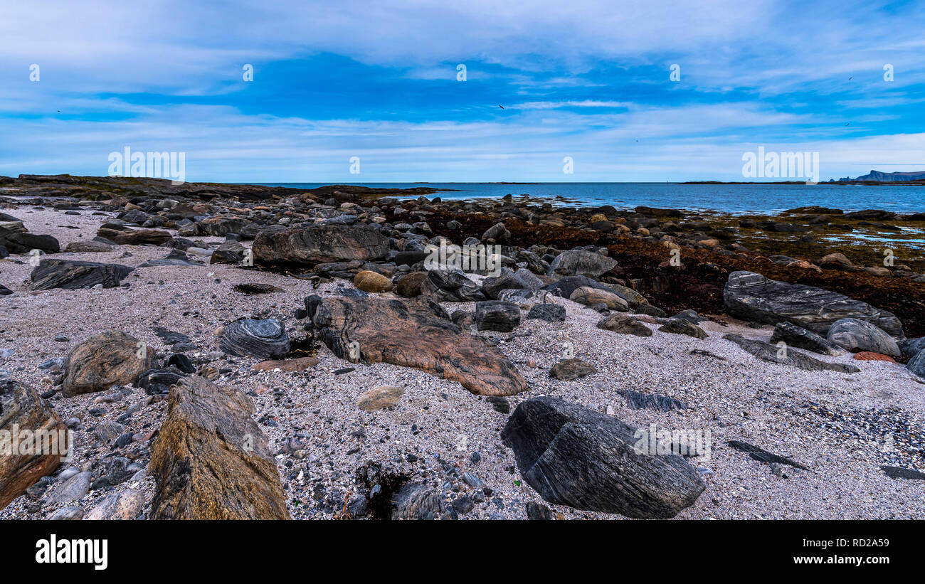 Rocky coast of the ocean with scattered rocks under a cloudy sky ...