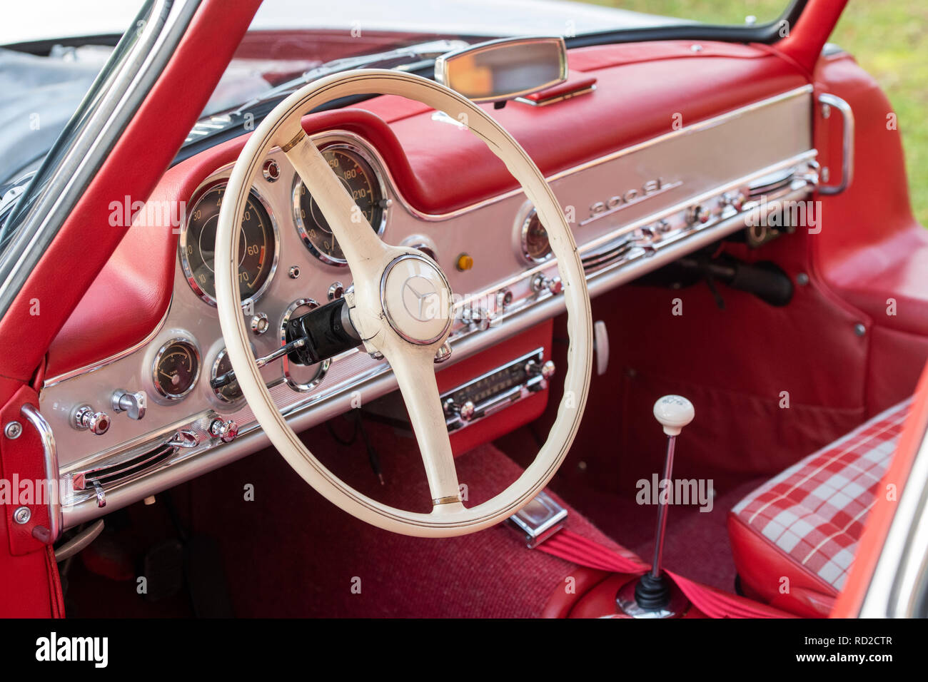 1955 Mercedes-Benz 300SL Gullwing car interior at Bicester Heritage Centre. Oxfordshire, England Stock Photo