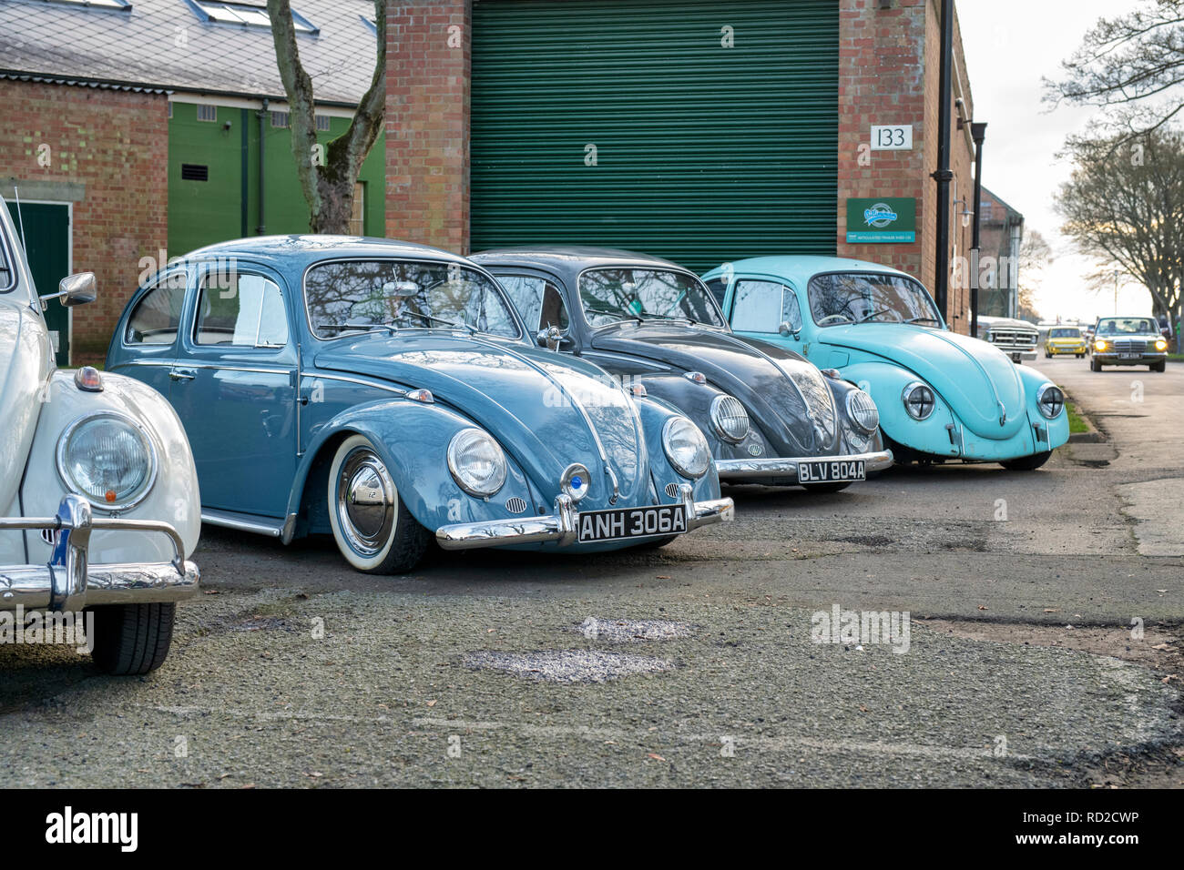 1960s VW Beetle cars at Bicester Heritage Centre. Oxfordshire, England Stock Photo