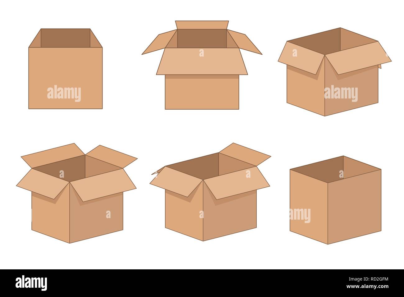 Carton delivery and storage packaging open box set. Vector illustration isolated on white background. Stock Vector