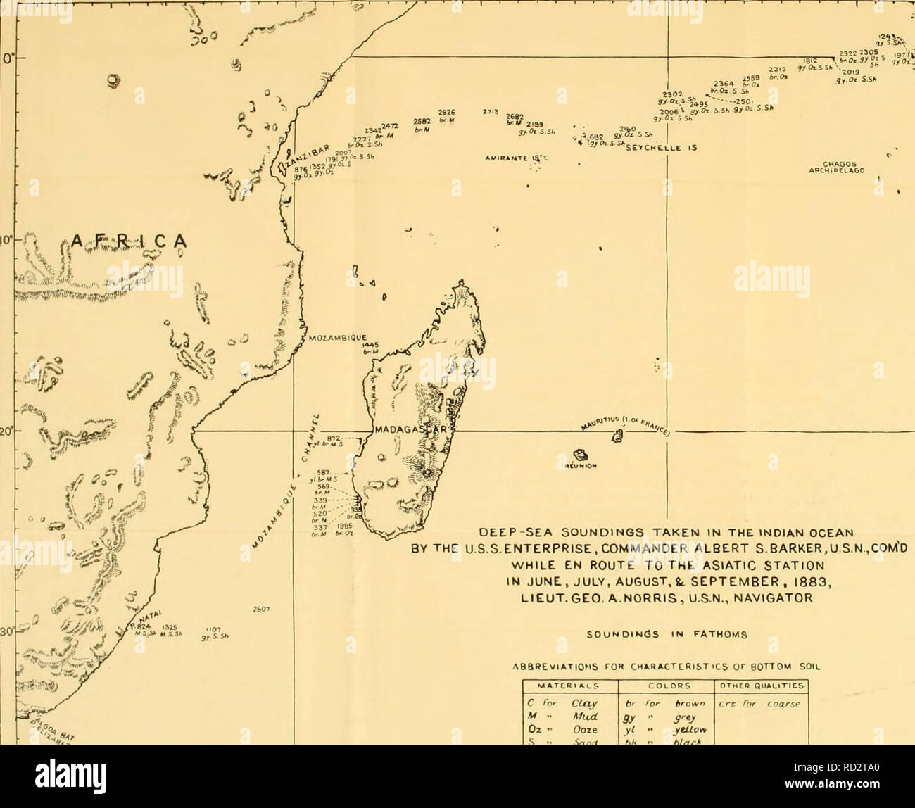 . Deep-sea sounding : A brief account of the work done by the U.S.S. Enterprise in deep-sea sounding during 1883-1886. Deep-sea sounding; Enterprise (Ship : 1874-1909). iA#;^JSd c A. DEEP-SEA SOUNDINGS TAKEN IN THE INDIAN OCEAN BY THE US S.ENTERPRISE,COMMANDER ALBERT S.BARKER .U S.N ,COM'd WHILE EN ROUTE TO THE ASIATIC STATION IN JUNE, JULY, AUGUST, 8c SEPTEMBER, 1883, LIEUT.GEO. A.NORRIS, U.S.N., NAVIGATOR SOUNDINGS IN FATHOMS BREVIATIOMS fOR CMARACTEfl1STeU5. Please note that these images are extracted from scanned page images that may have been digitally enhanced for readability - coloratio Stock Photo