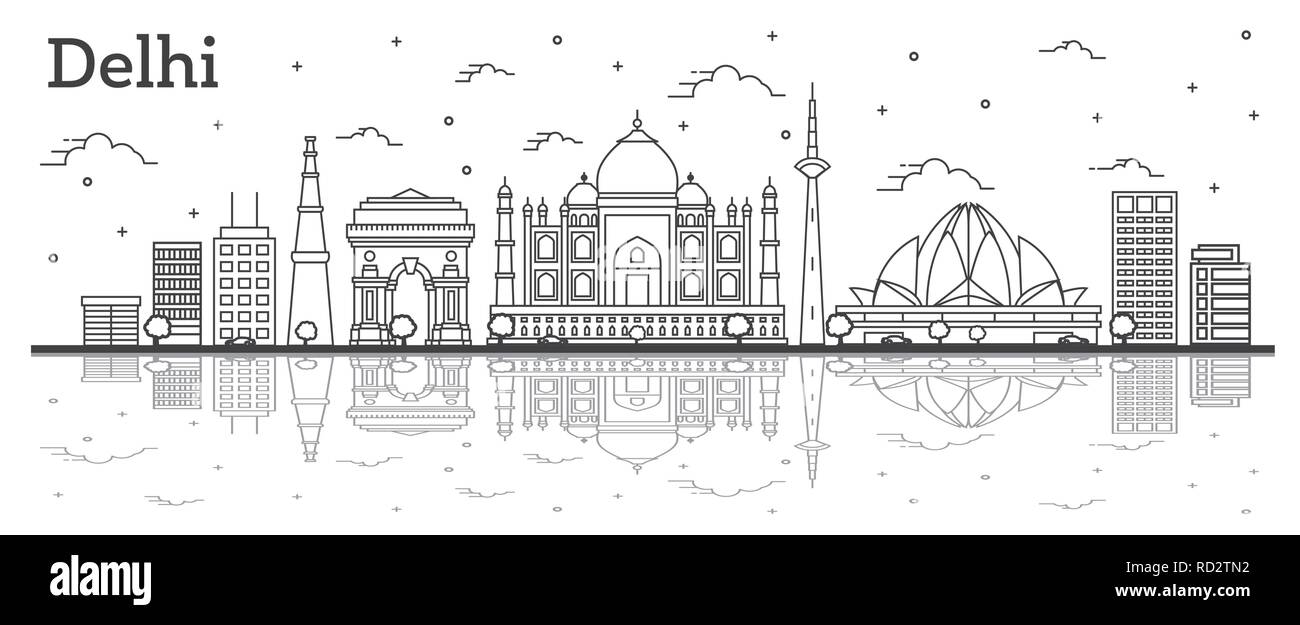 Outline Delhi India City Skyline with Historic Buildings and Reflections Isolated on White. Vector Illustration. Delhi Cityscape with Landmarks. Stock Vector