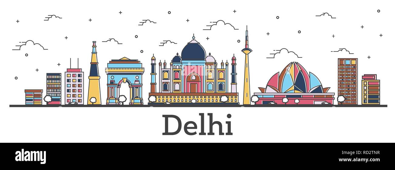 Outline Delhi India City Skyline with Color Buildings Isolated on White
