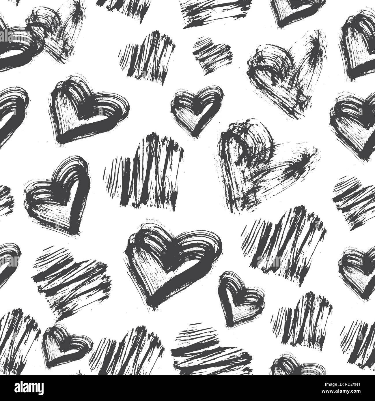 Seamless Heart Pattern. Black and White Ink Pattern. Vector Illustration. Stock Vector