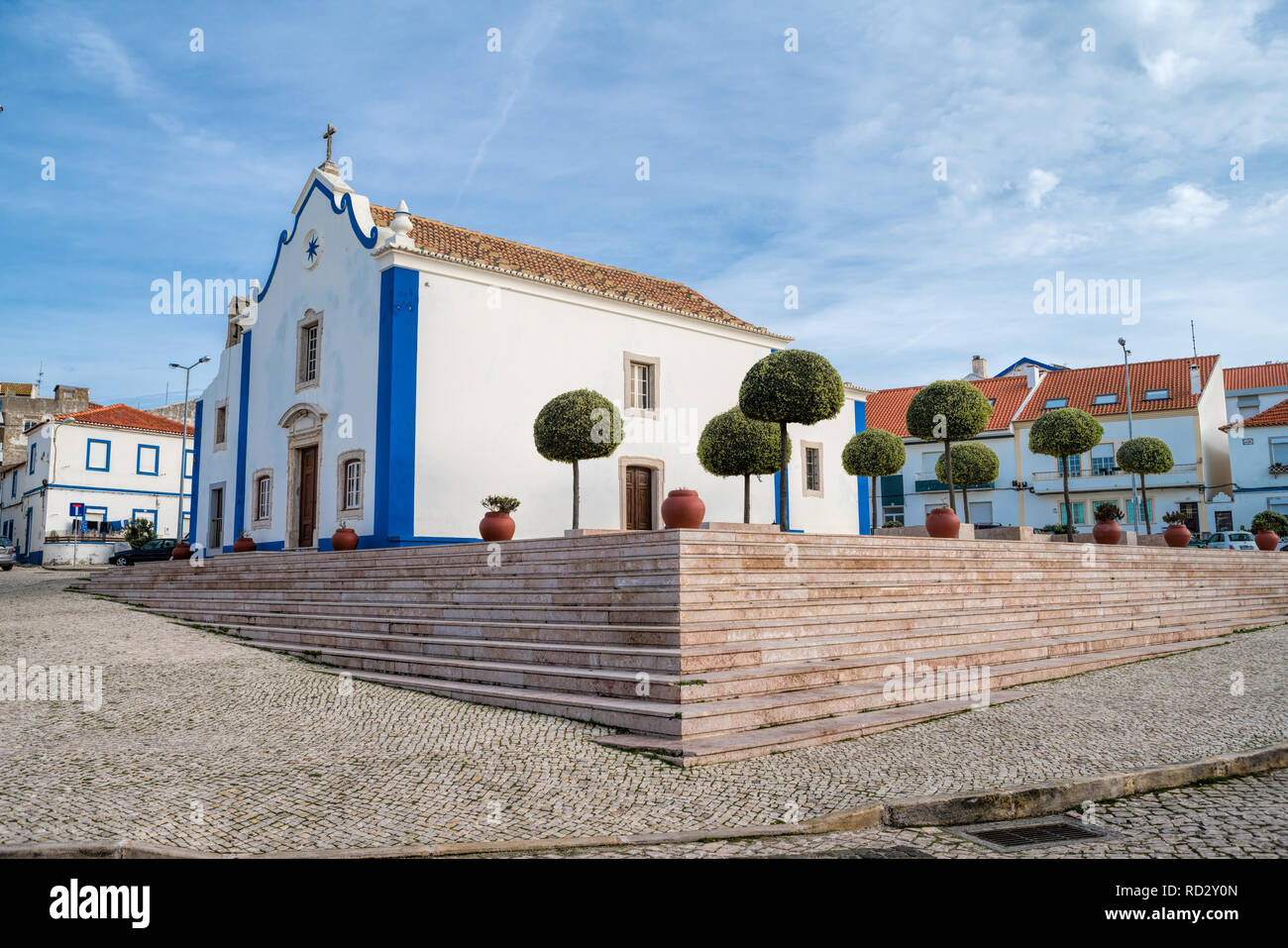 View Of Sao Sebastiao Church In Ericeira Village In Portugal Stock View Of Sao Sebastiao Church In Ericeira Village In Portugal Stock