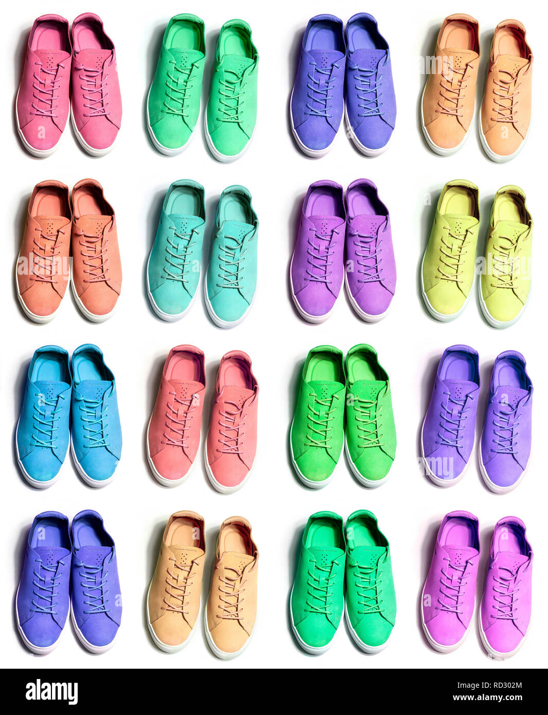 many colorful sporty sneaker shoes on white background Stock Photo