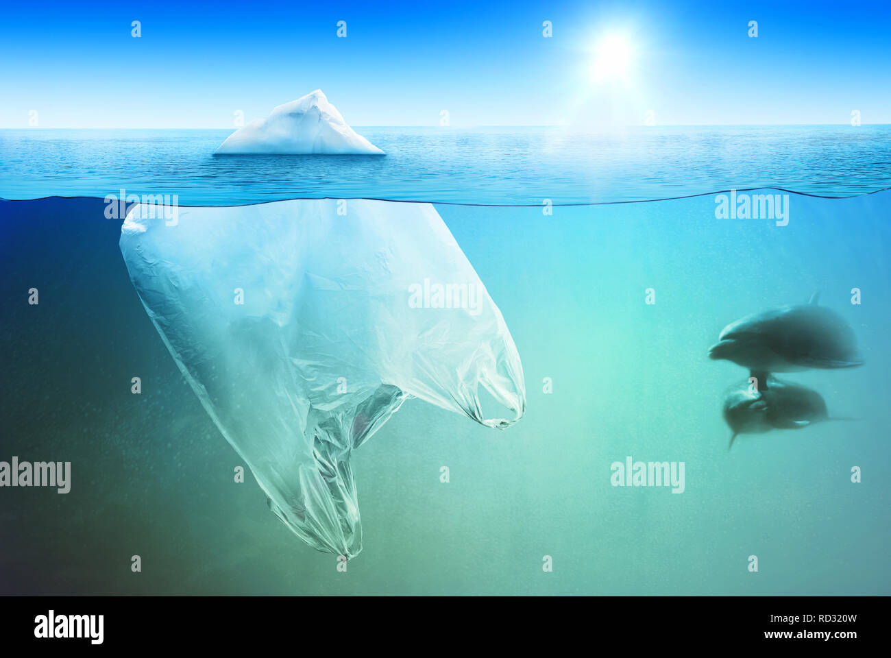 Two dolphins swimming near huge plastic bag in the open sea Stock Photo
