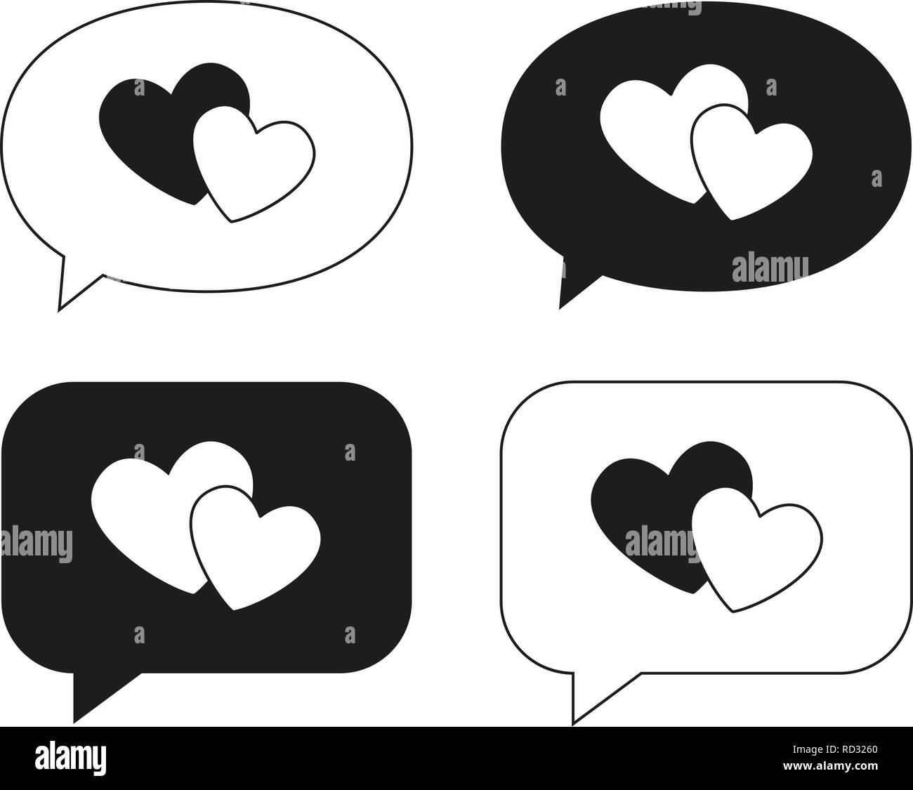 Black and white speech bubble with heart set Stock Vector