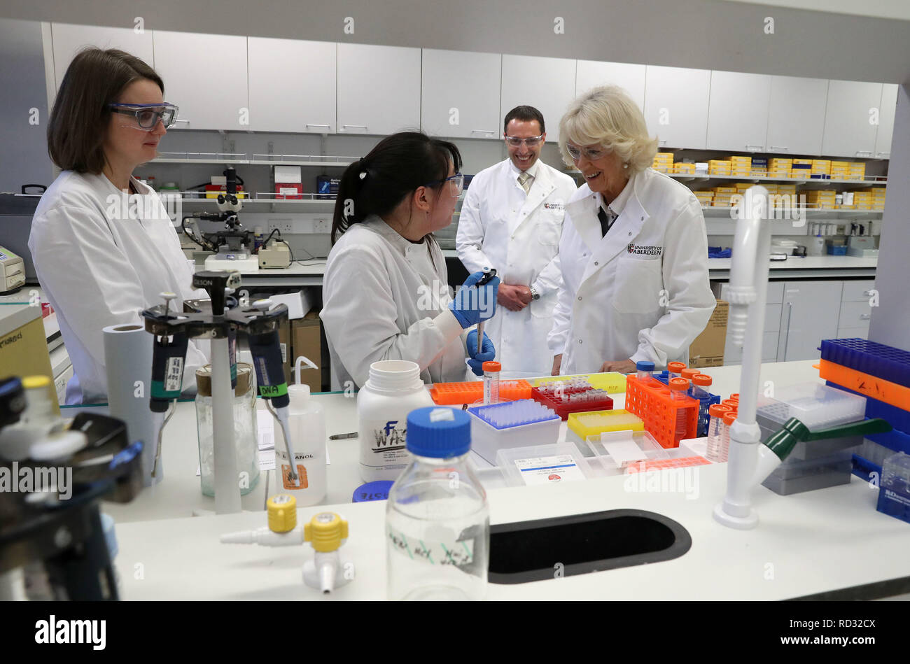 The Duchess of Cornwall, known as the Duchess of Rothesay chats with l-r Alison Richmond and Jessica McClure alongside Professor Cosimo De Bari whilst visiting a research lab at the Centre for Arthritis and Musculoskeletal Health during a visit to Aberdeen University's School of Medicine, Medical Sciences and Nutrition. Stock Photo