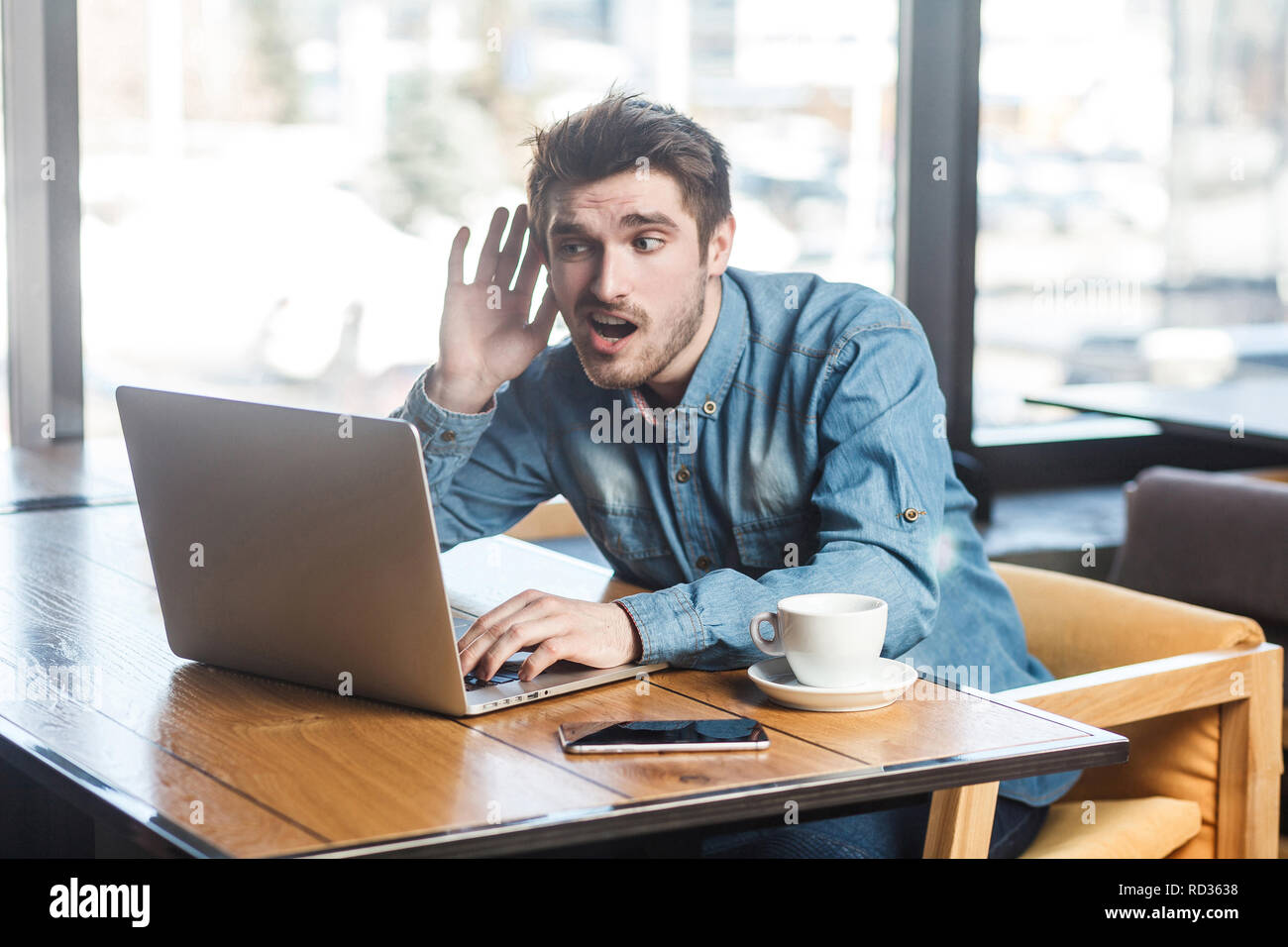 What you say? Side view portrait interesting of bearded young freelancer in blue jeans shirt are sitting in cafe and making video call on laptop, lean Stock Photo