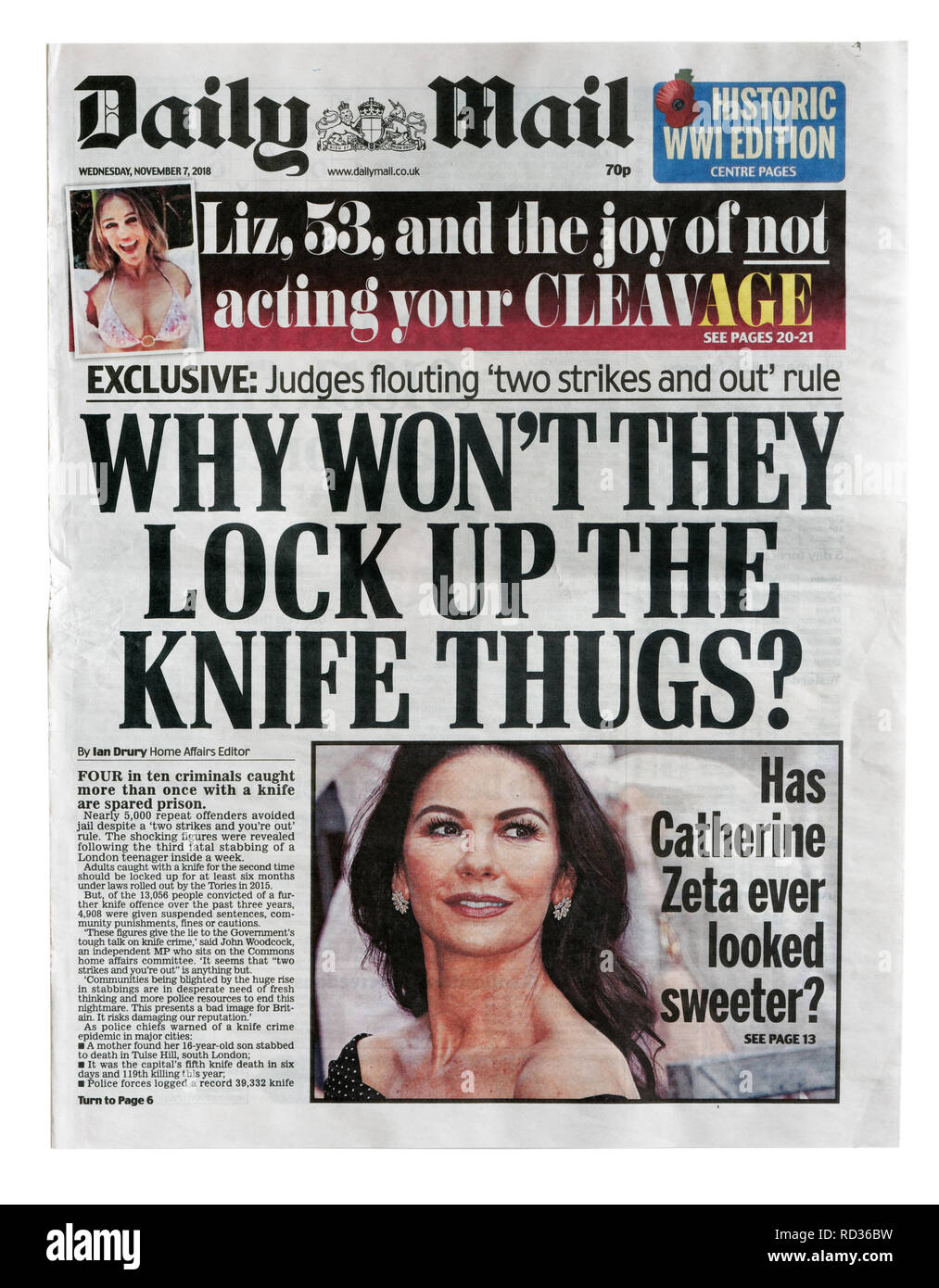 The front page of the Daily Mail from November 7 2018 with the headline Why Won't They Lock Up The Knife Thugs Stock Photo