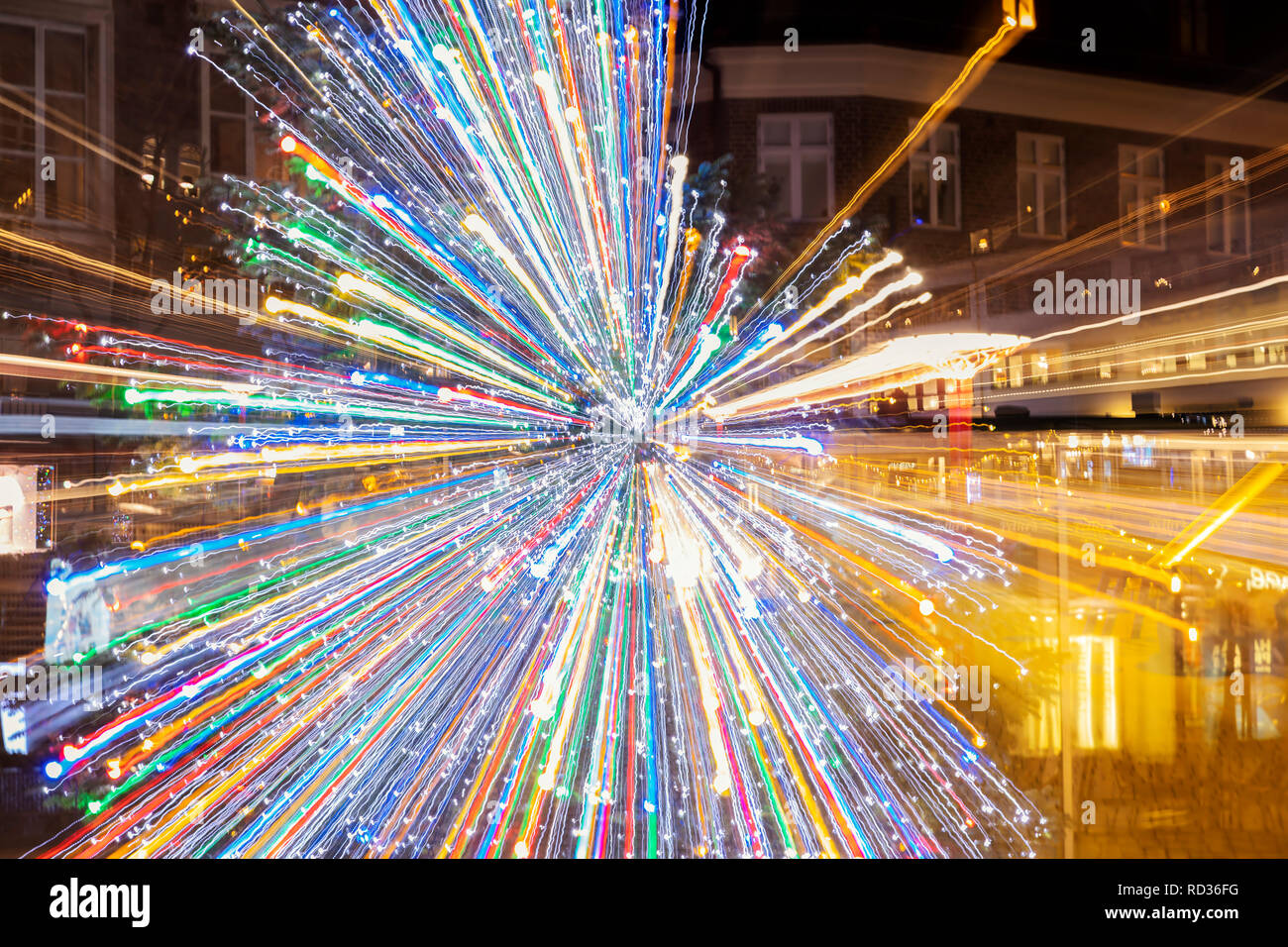 HELSINGBORG, SWEDEN: DECEMBER 5, 2018. Christmas tree in a square, with light trails. Stock Photo