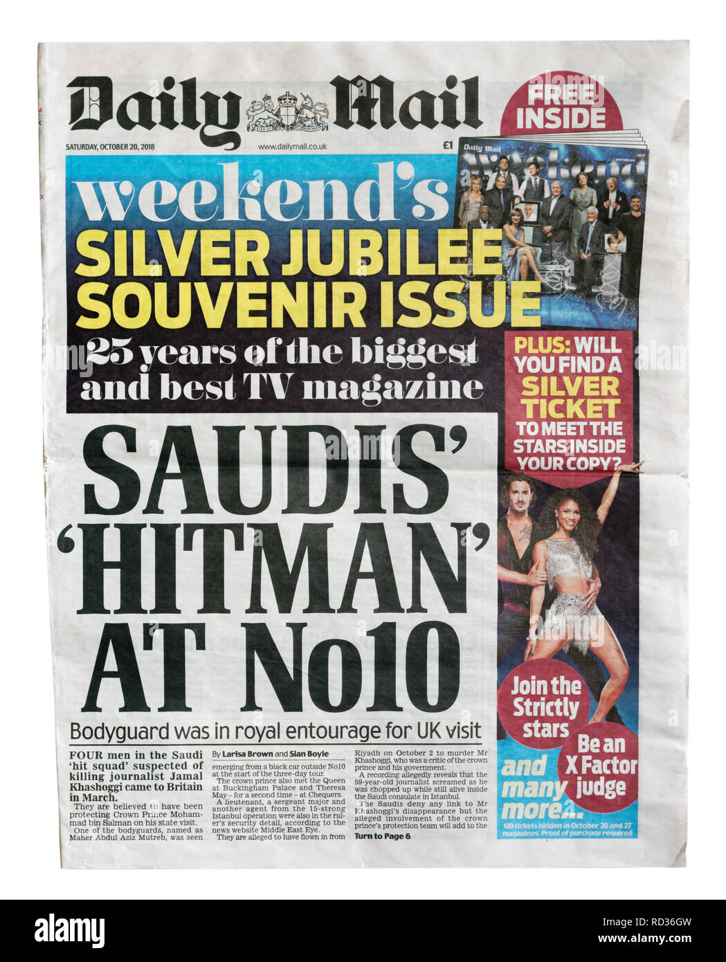 The front page of the Daily Mail from October 20 2018 with the headline Saudi Hitman at No10, about the suspected killers of Khashoggi being At No10 Stock Photo