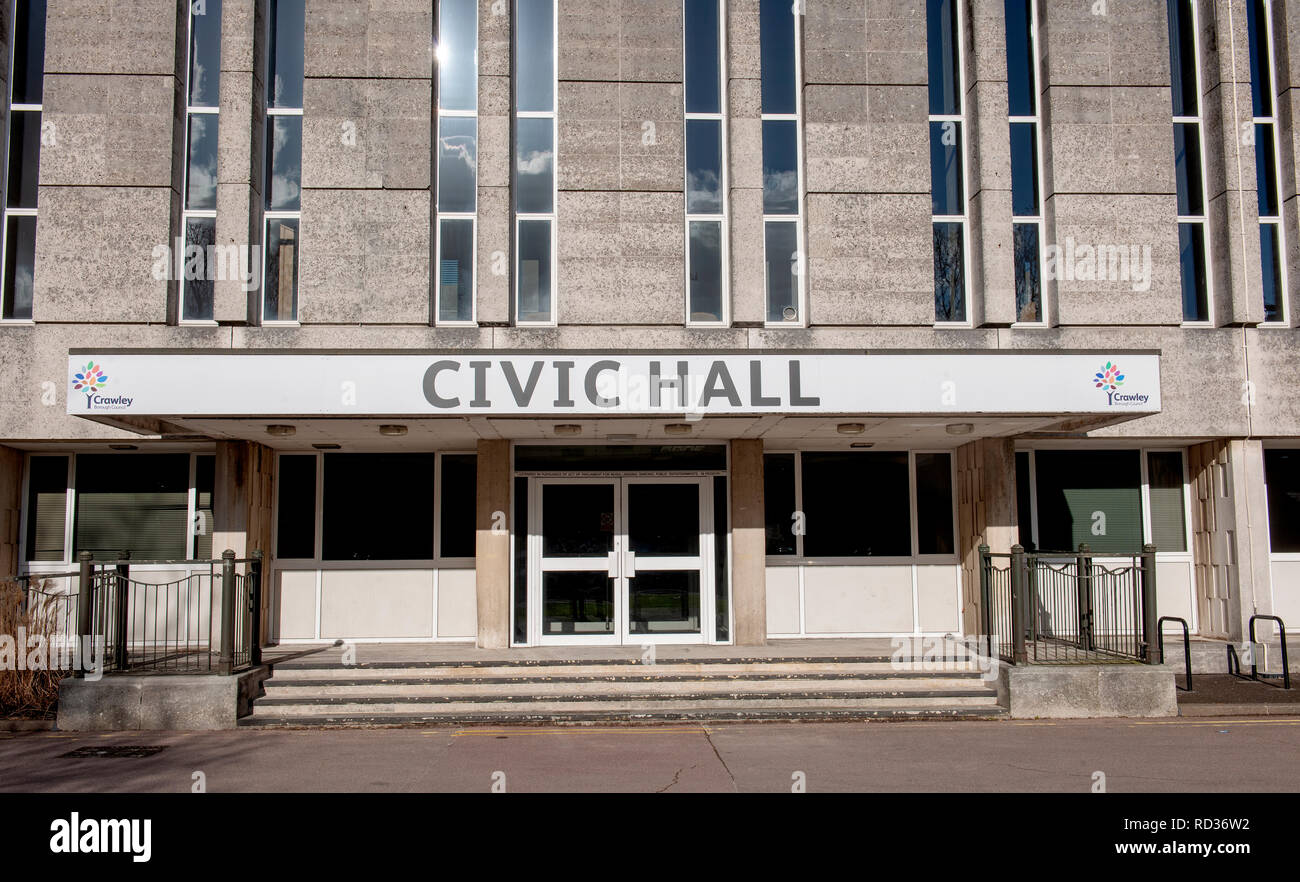 Entrance to The Civic Hall, Crawley Borough Council, Crawley, West Sussex, England, UK. Stock Photo