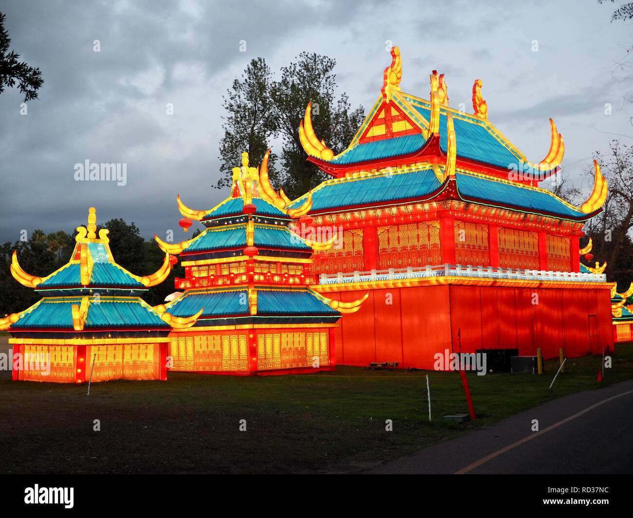Chinese building lanterns at the Los Angeles Arboretum, CA Stock Photo
