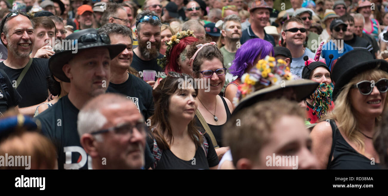 Crowd watching a band at the Bearded Theory music festival Stock Photo