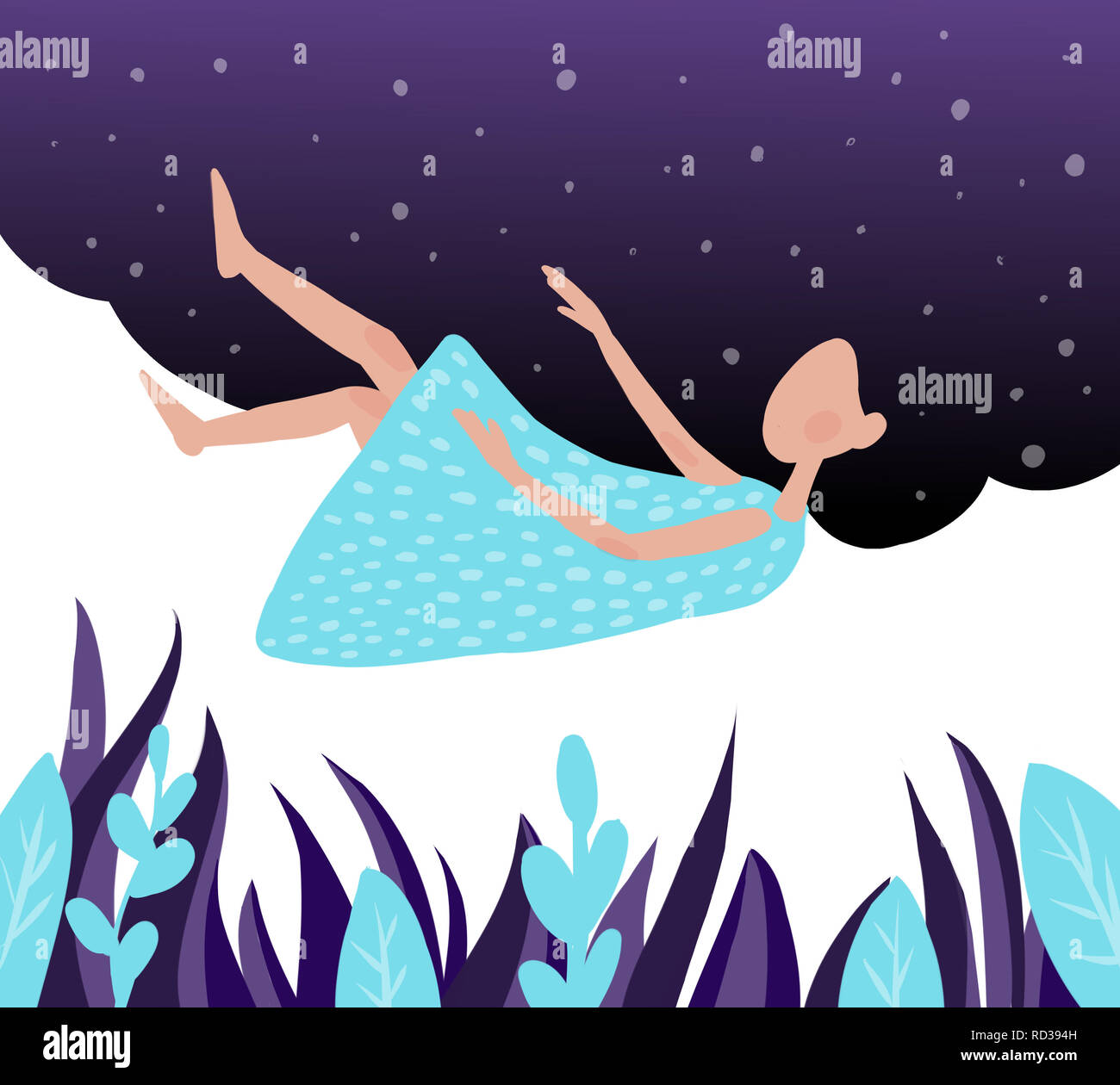 the girl sleeps on a cloud in the blue sky.illustration Stock Photo - Alamy