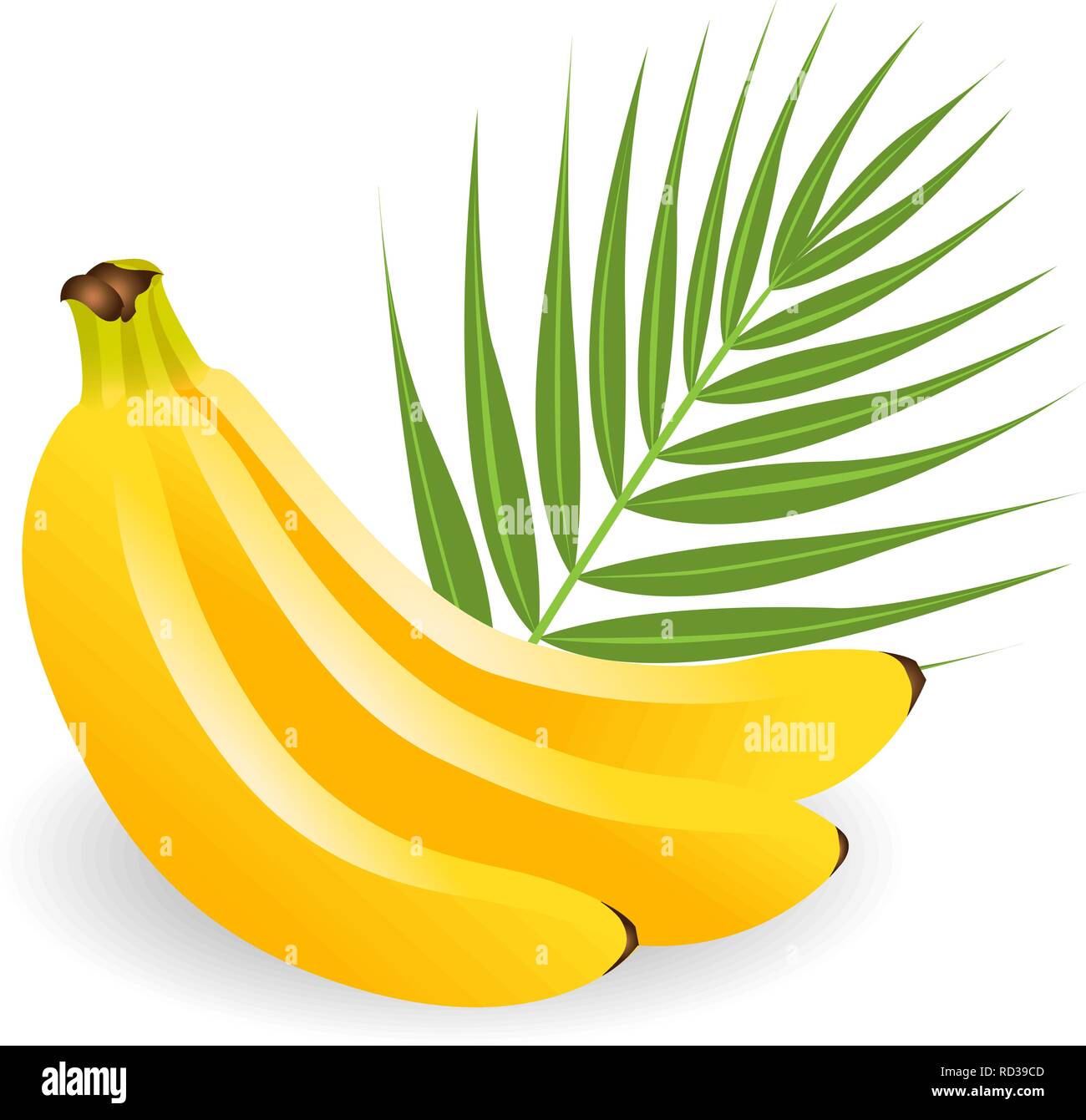 Healthy, yellow tropical fruits. Ripe, juicy bananas with green leaves. Summer fruits for healthy lifestyle. Bananas fruit flat icon isolated on white Stock Vector