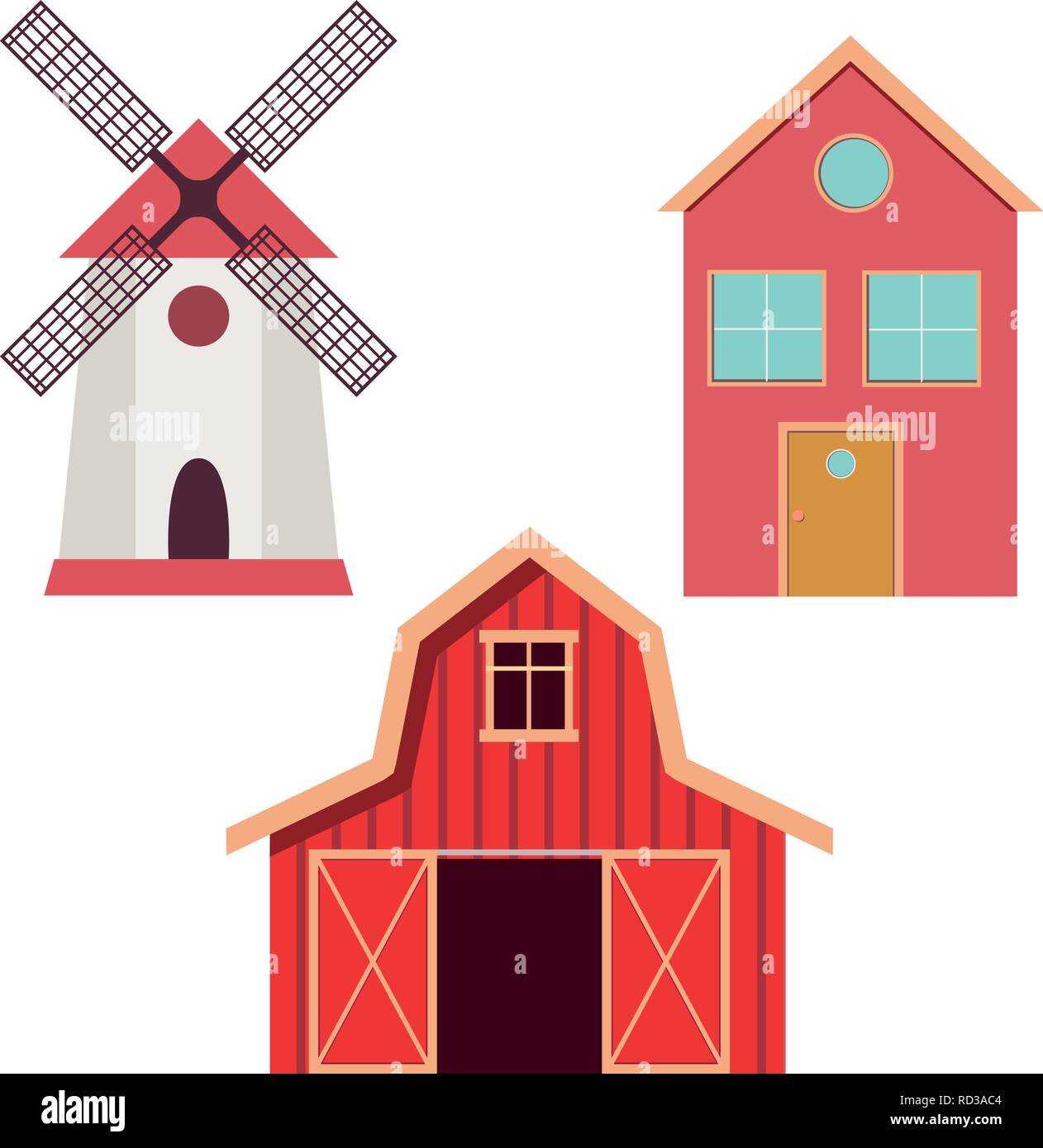 Red barn, windmill and farm house in flat style. Vector illustration Stock Vector
