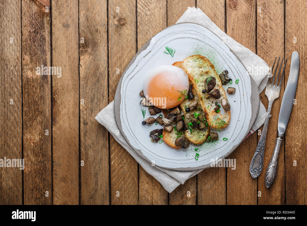 Soft-boiled goose egg with wild mushrooms and bread, copy space Stock Photo