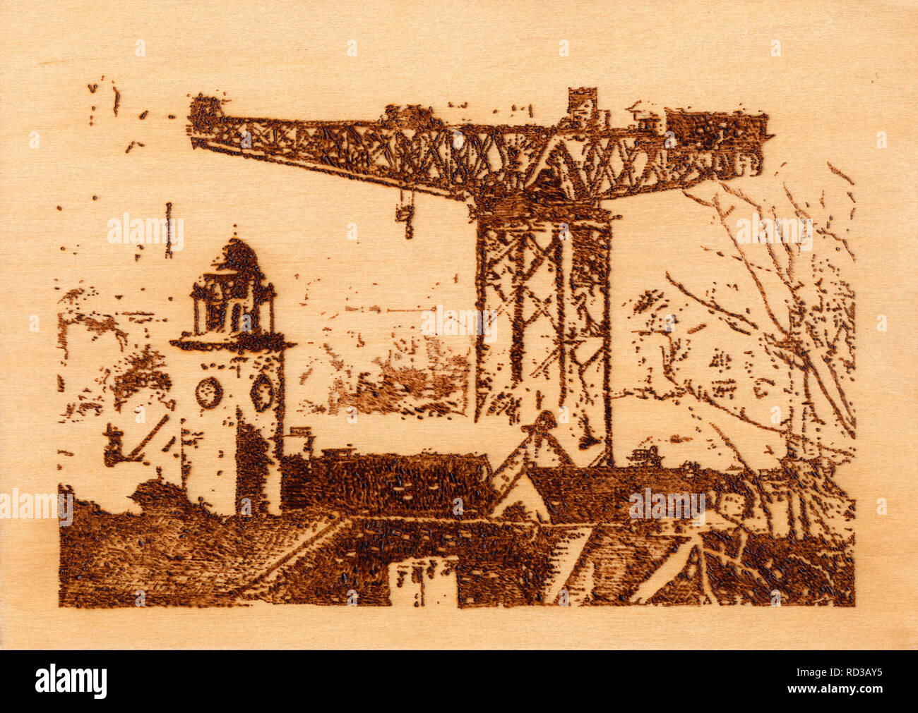 Clydebank Titan Crane and Town Hall. A woodburning by Owen McGuigan, on