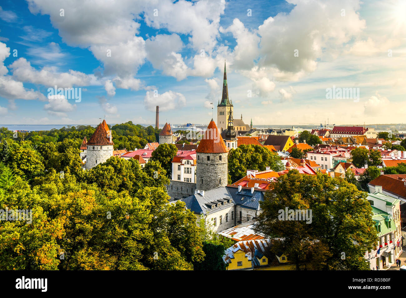 Afternoon view overlooking the medieval walled city of Tallinn Estonia on an early autumn day in the Baltics region of Northern Europe. Stock Photo