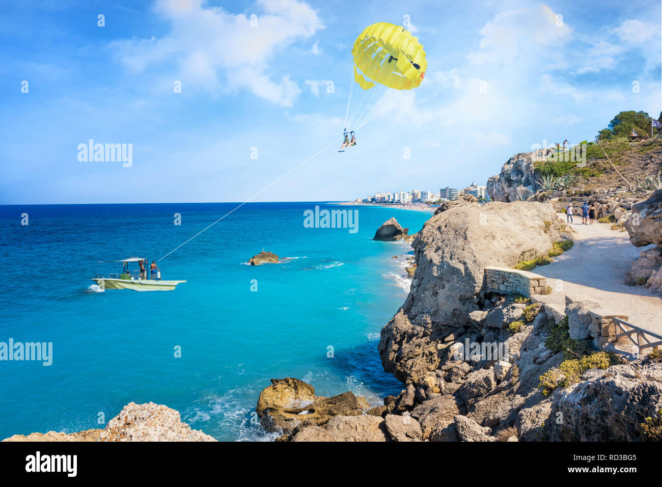 Parasailing in Aegean Sea in city of Rhodes (Rhodes, Greece) Stock Photo
