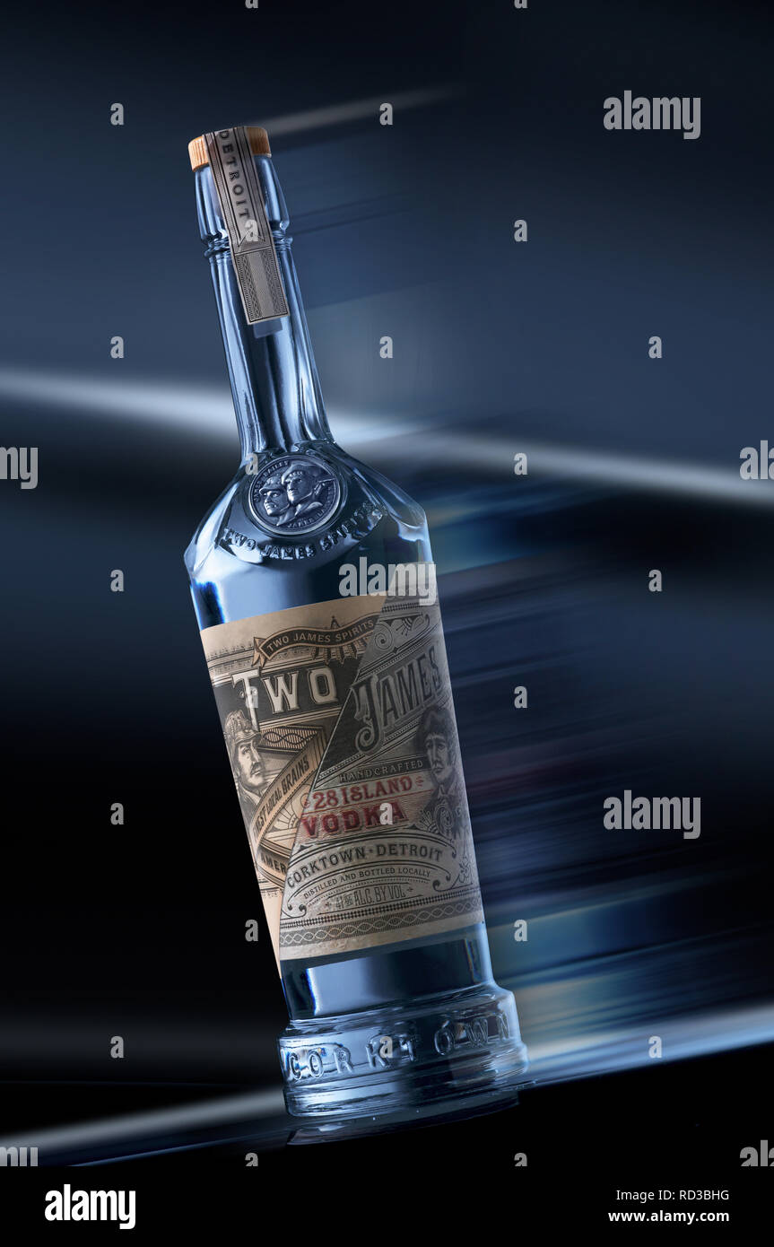 Bottle of Two James Vodka sliding across with motion blur Stock Photo