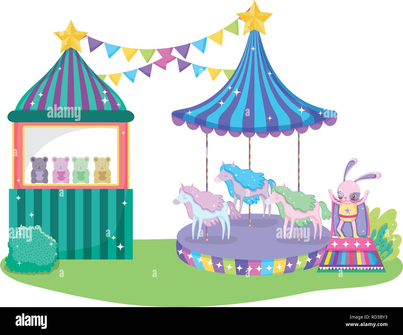 cute circus rabbit with layer and kiosk Stock Vector