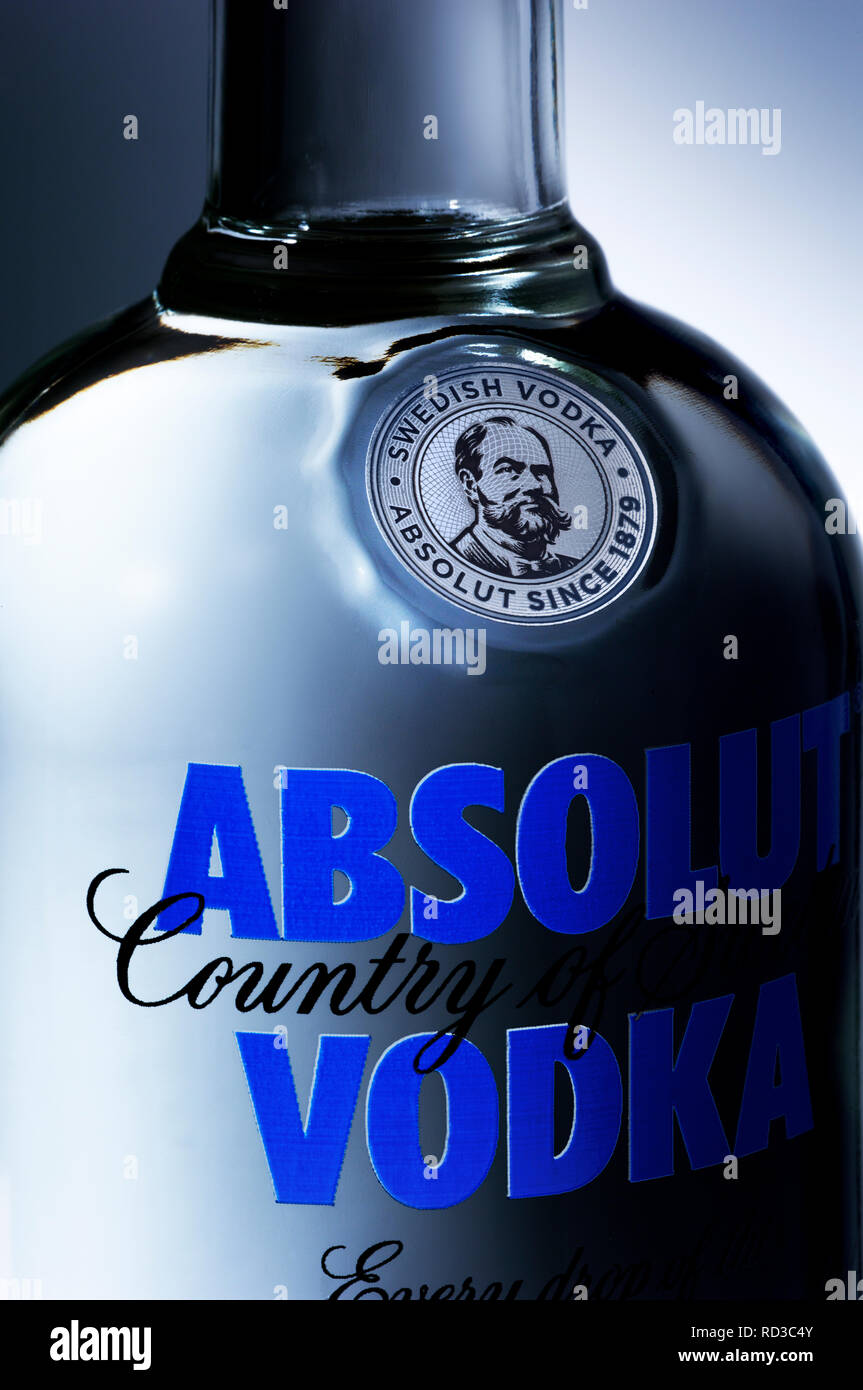 Close up of bottle of Absolut Vodka, studio shot Stock Photo