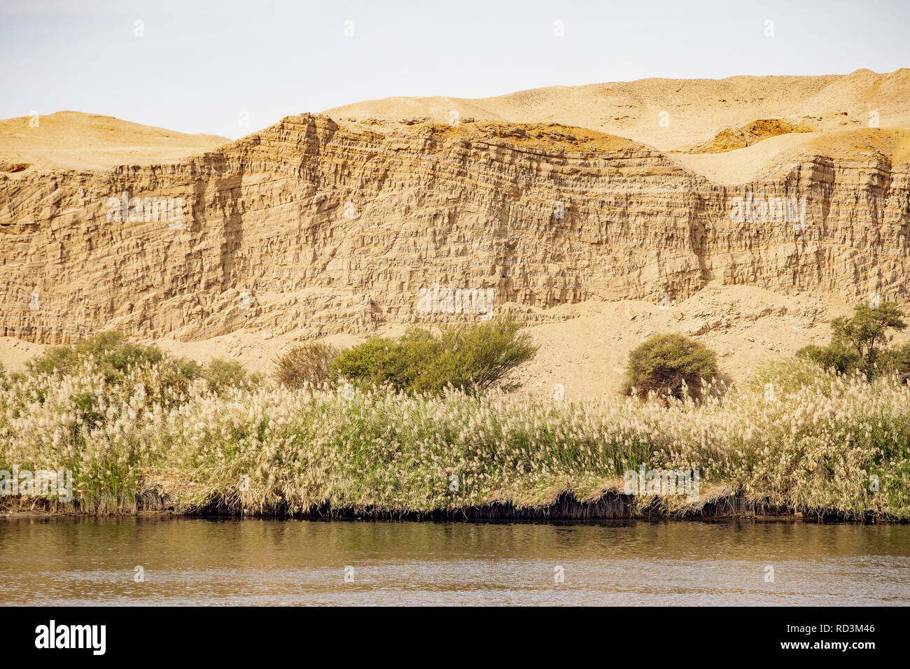 River Nile banks and vegetation and the Sahara Desert starting nearby Stock Photo