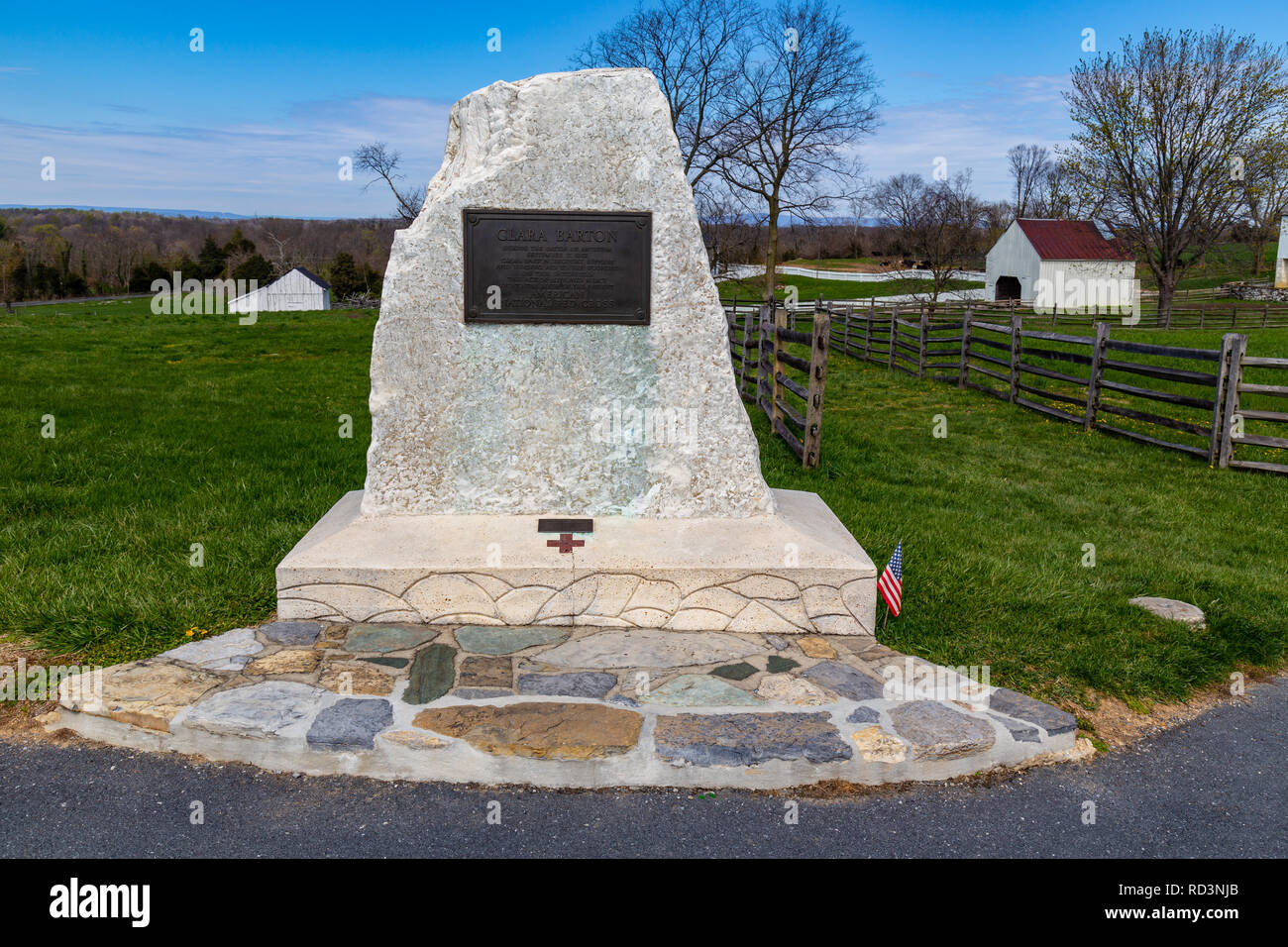 Sharpsburg, MD, USA - April 10, 2016: The granite monument honors Clara Barton's work during the Battle of Antietam. Stock Photo