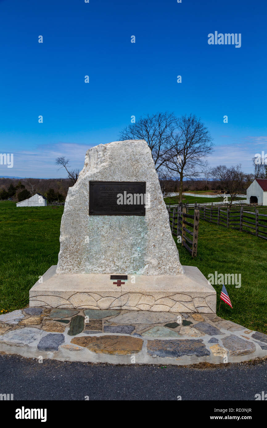 Sharpsburg, MD, USA - April 10, 2016: The granite monument honors Clara Barton's work during the Battle of Antietam Stock Photo
