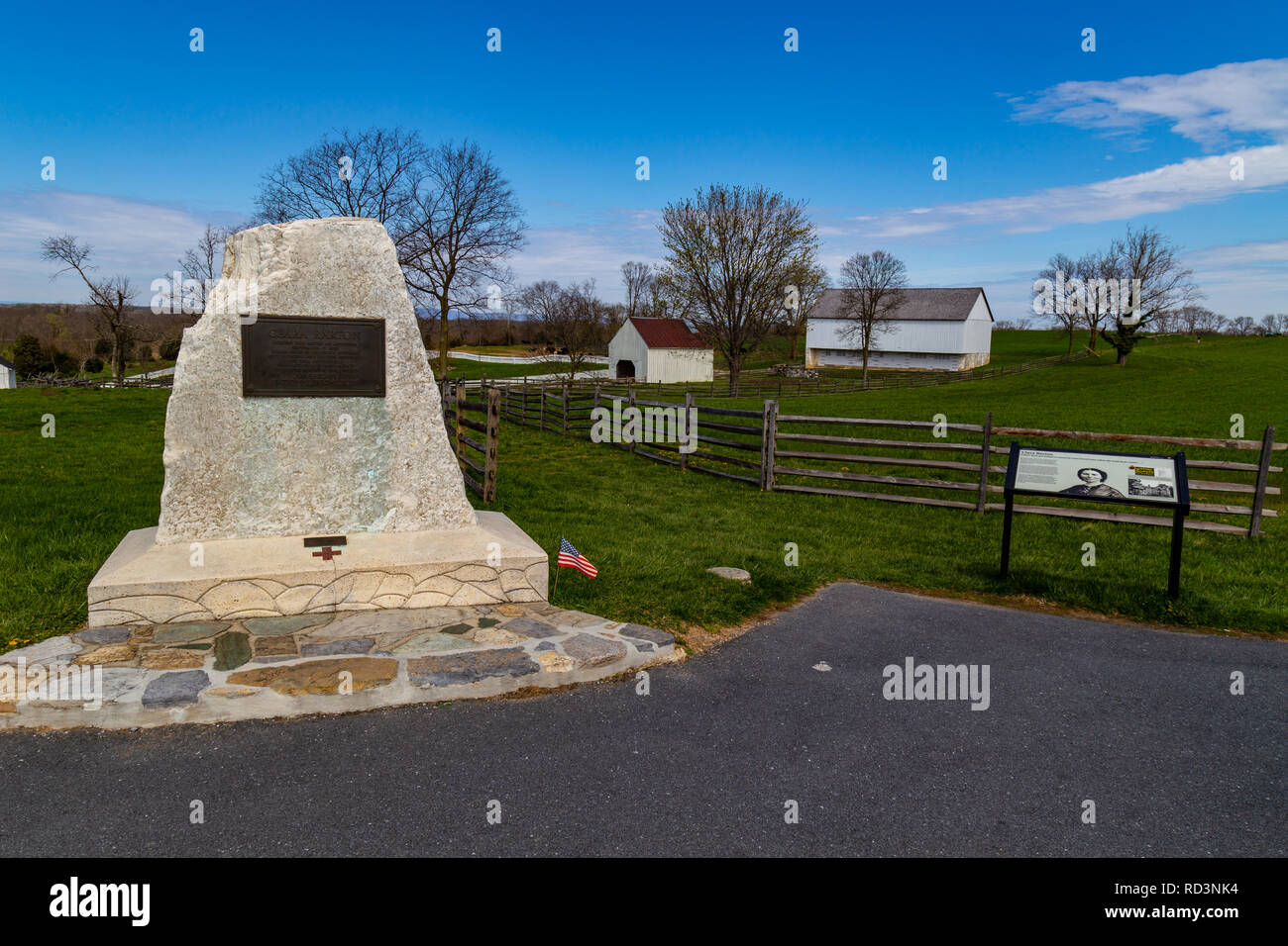 Sharpsburg, MD, USA - April 10, 2016: A granite monument recognizes Clara Barton's service during the Battle of Antietam. Stock Photo